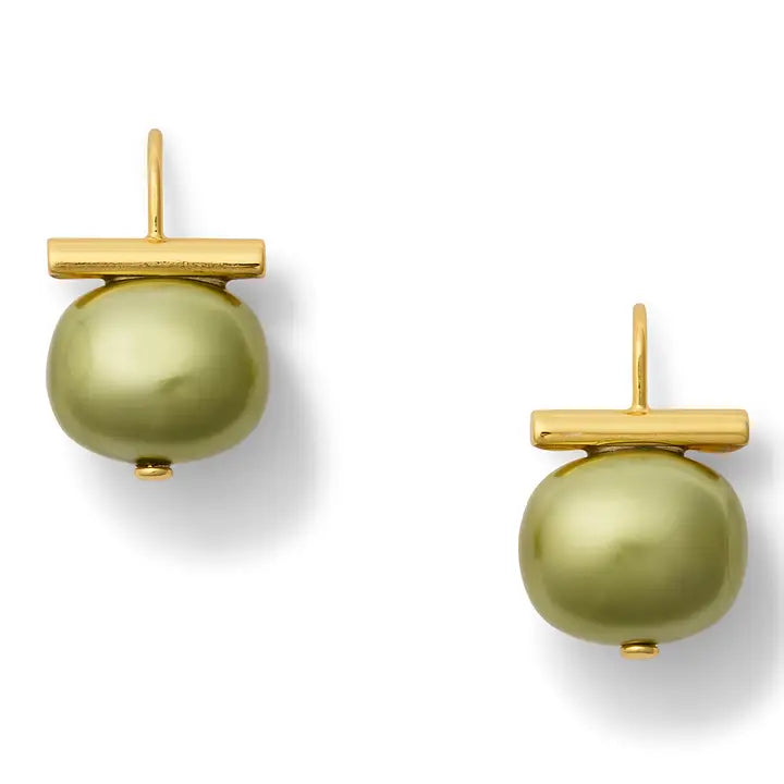 A pair of gold dangle earrings with lily pad green pebble pearls, shown on a clean white background.