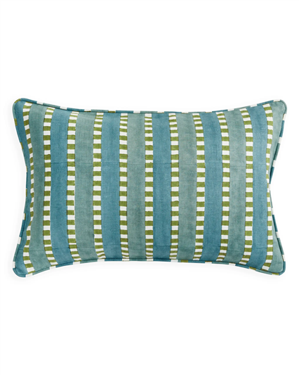 Striped pillow with blue and green pattern on a white background