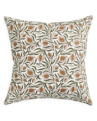 Decorative pillow with pomegranate and leaf pattern on a white background
