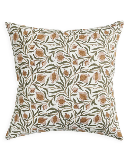 Decorative pillow with pomegranate and leaf pattern on a white background