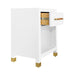 White nightstand with a wooden drawer and gold accents on a white background