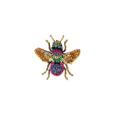 Colorful bee-shaped brooch on a white background
