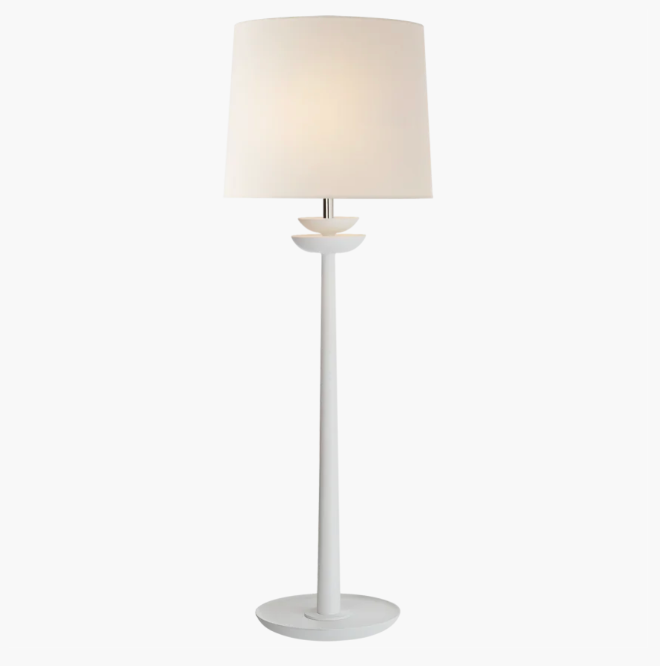 plaster white (matte) finish on modern candlestick buffet lamp, linen shade