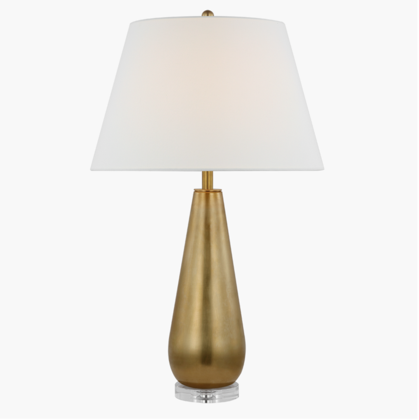 brass teardrop shaped lamp on glass base and linen shade
