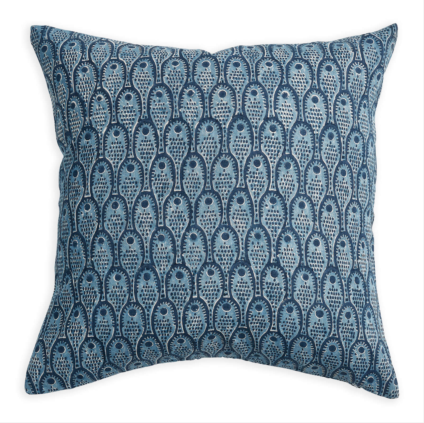 blue hand-block-print fabric on square pillow