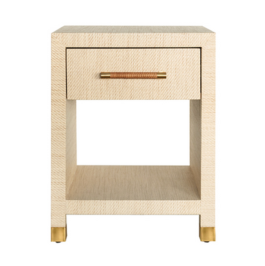 natural grasscloth covered side table with one drawer and shelf