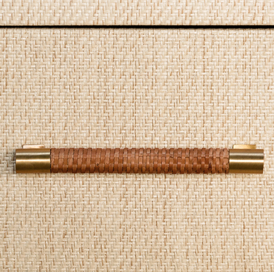 detail photo of rattan and brass handle on the Pelham side table