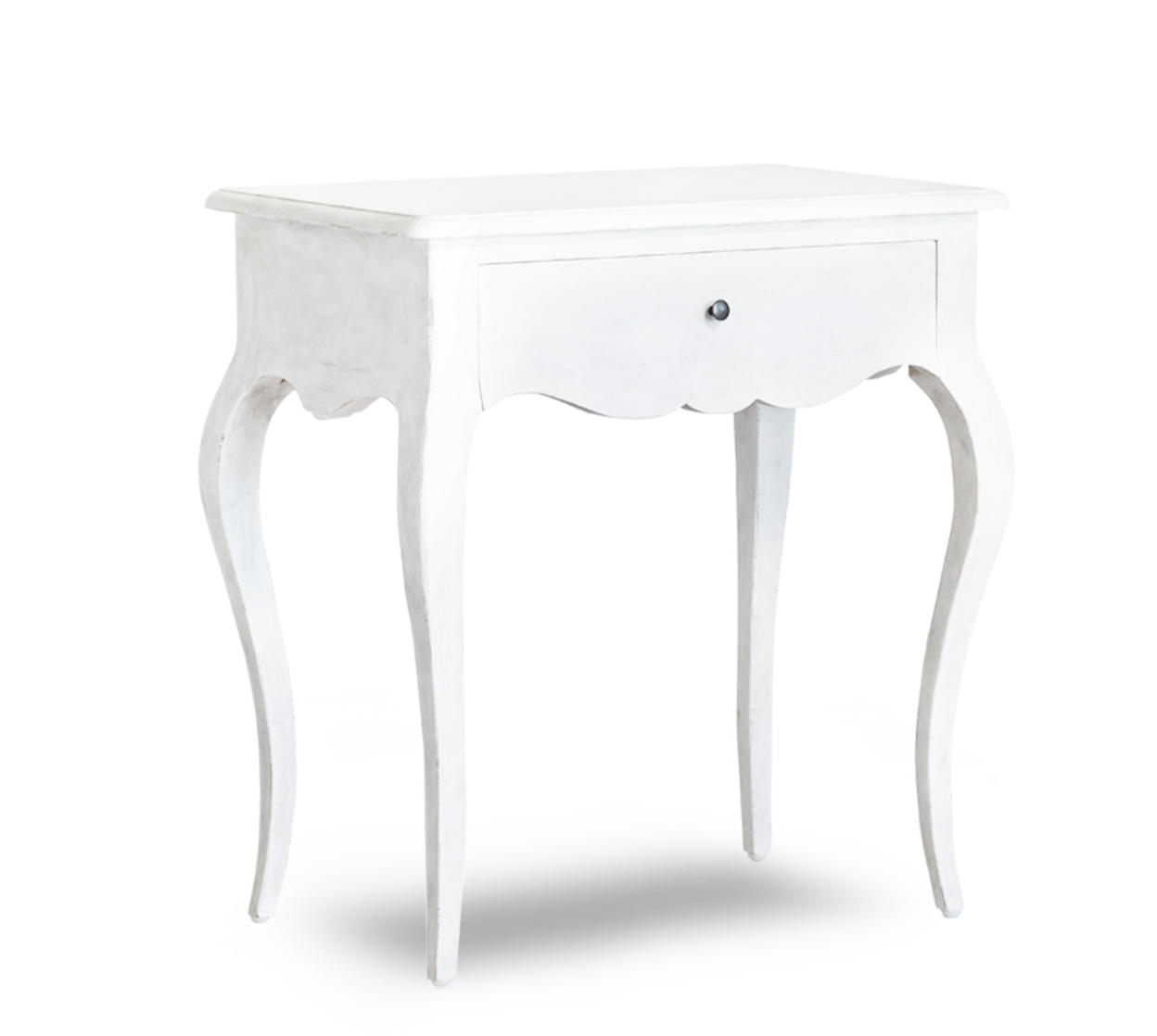 angled view of white side table with scalloped apron and curvy legs