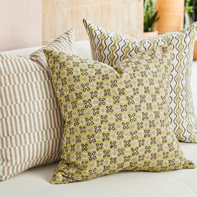 block print pillows on sofa