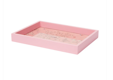 pink lacquer tray with painted chinoiserie design