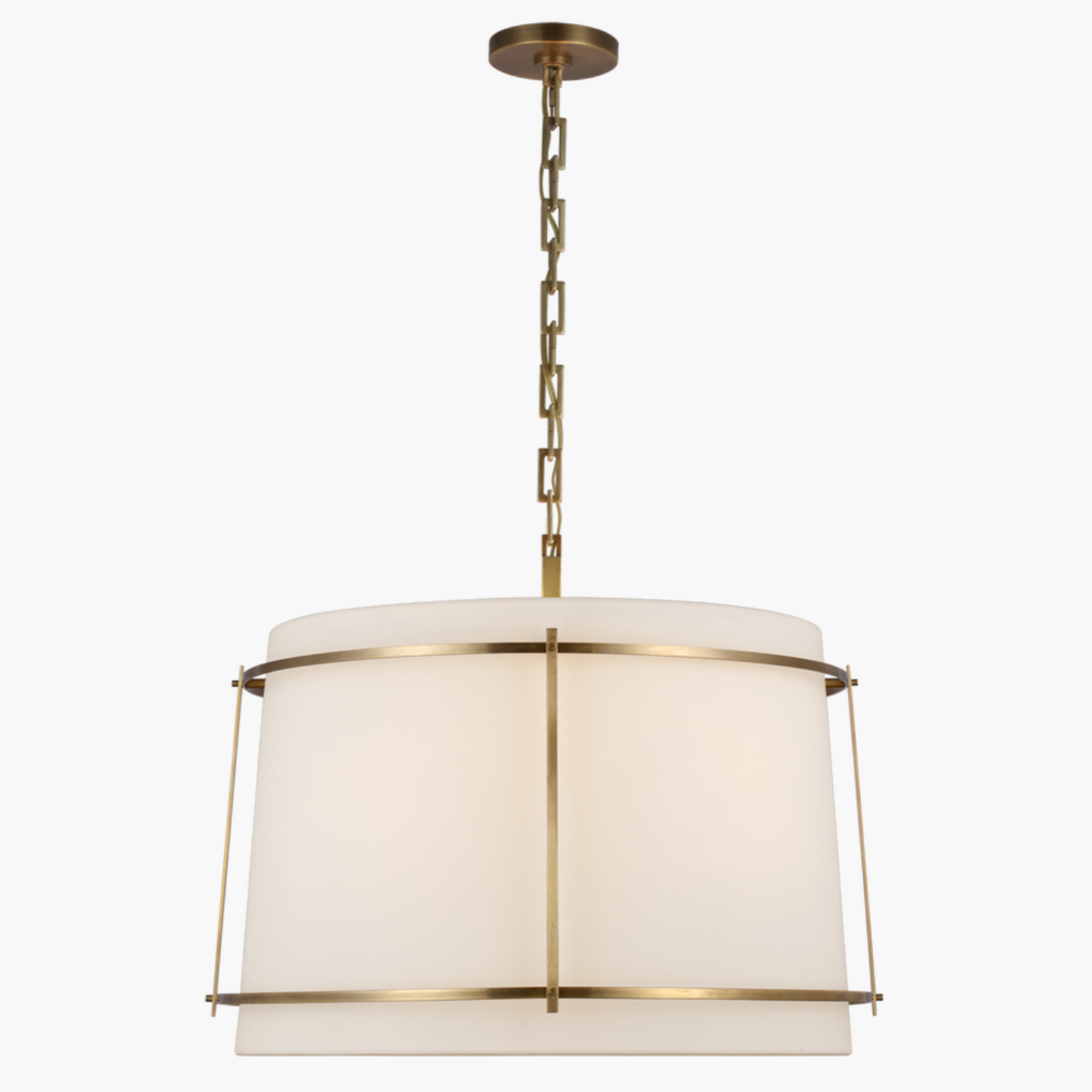 brass frame light fixture with linen shade