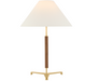 wood and brass lamp with linen shade