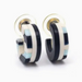 front view of black, white, and blue acrylic hoop earrings