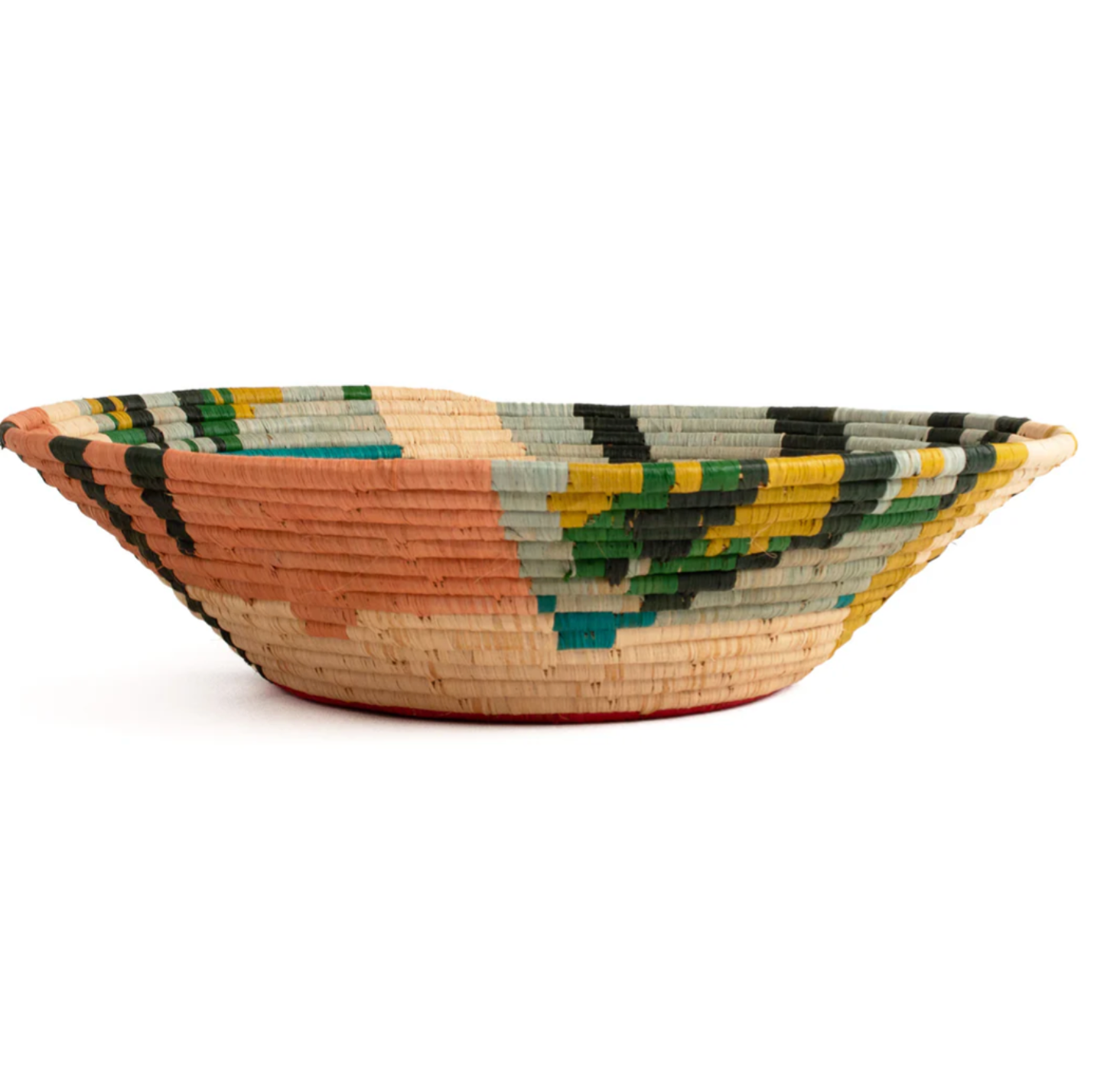 side view of a colorful woven basket