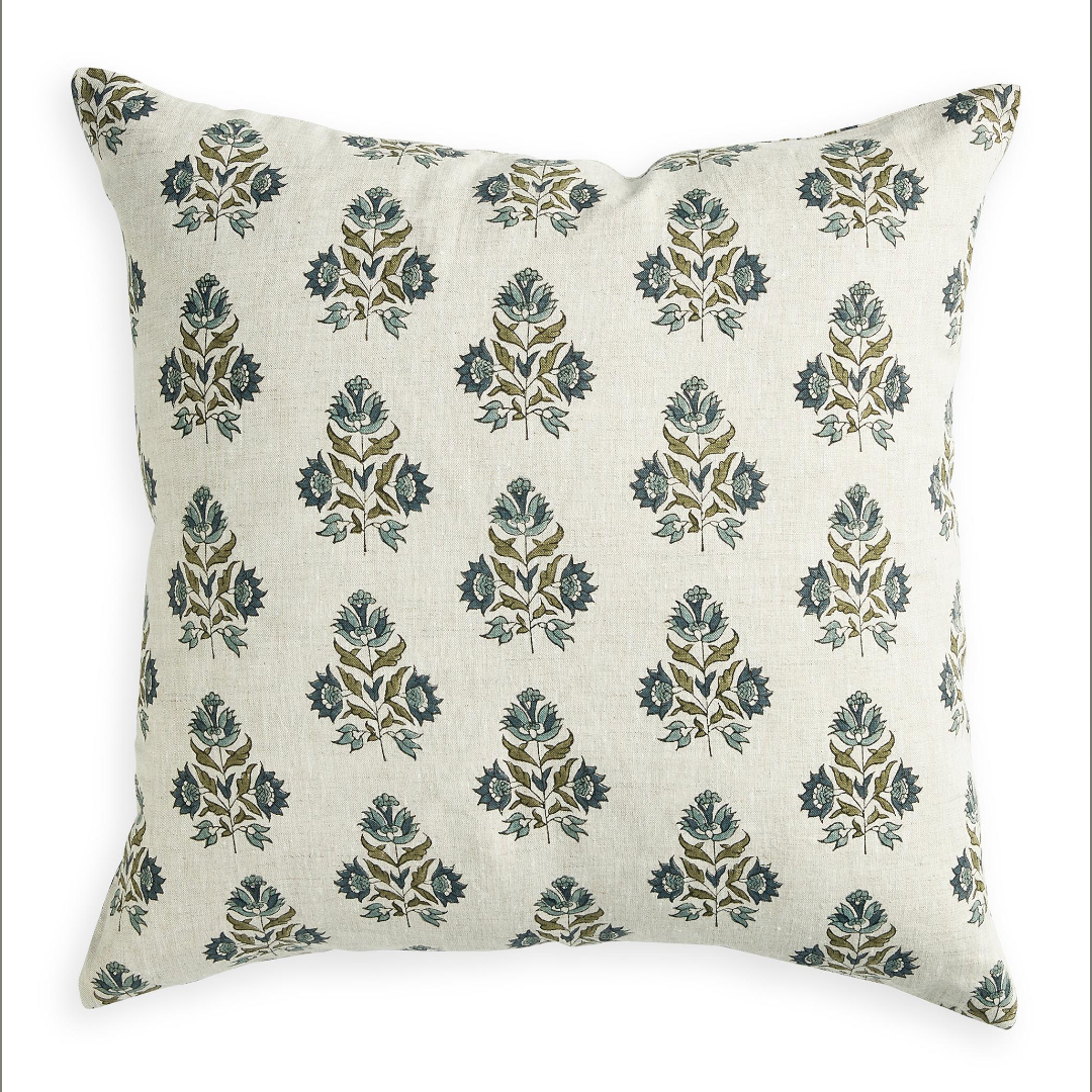 dark blue flowers wiht green leaves block printed on an oatmeal linen background, square pillow