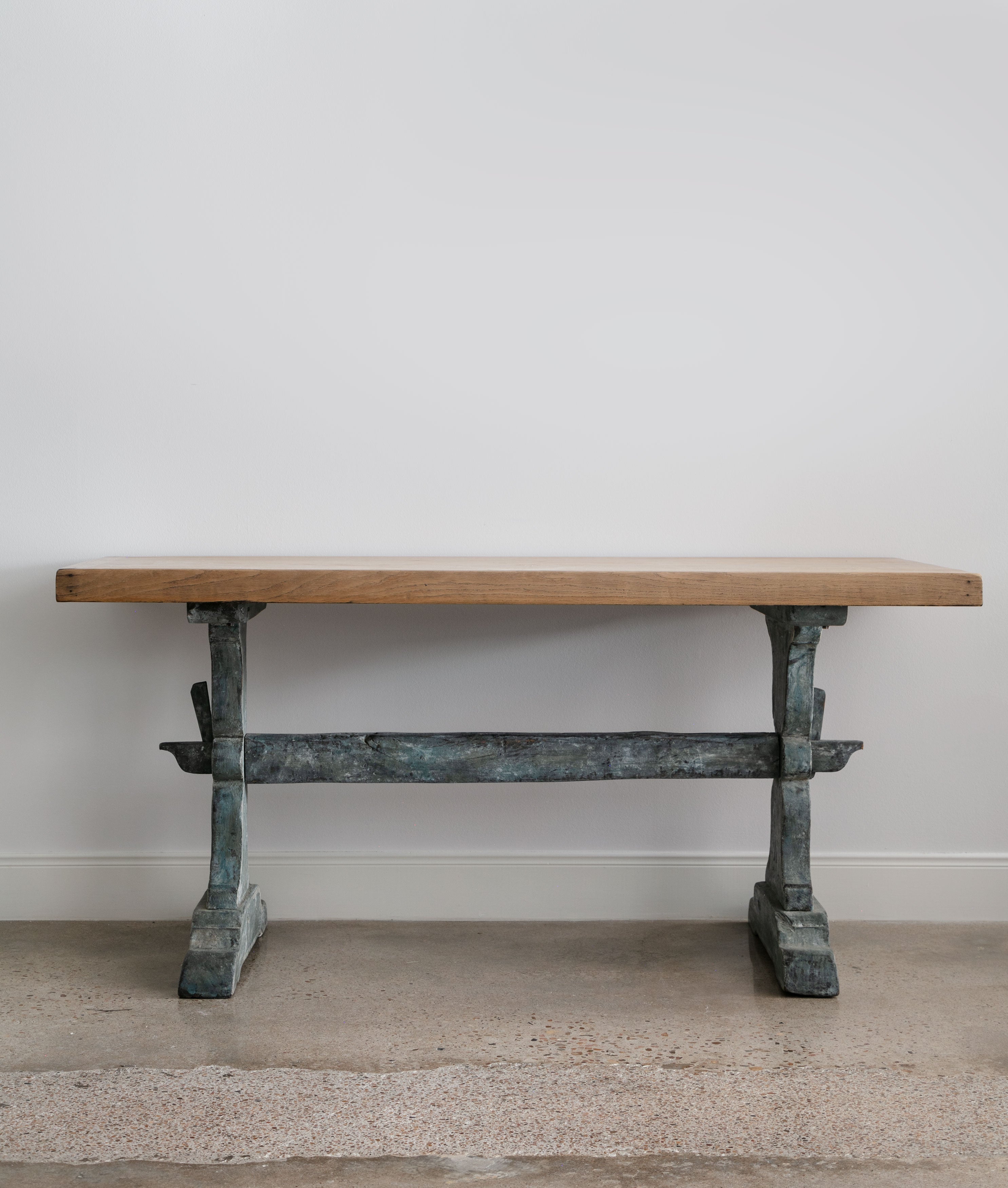 blue base antique trestle table