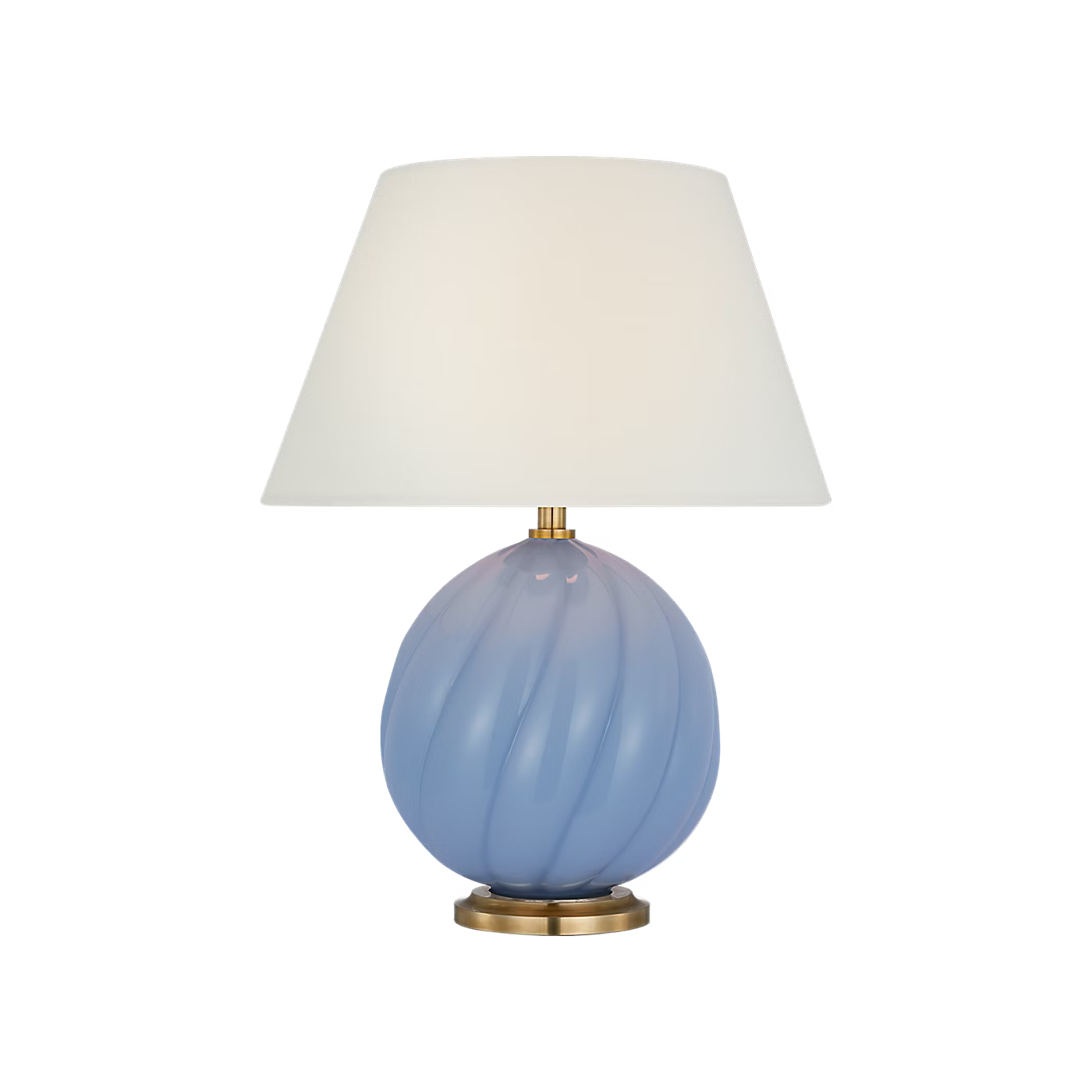 Table lamp with a blue glass base and white lampshade on a black background