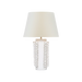 A table lamp with a tapered off-white fabric shade and a sculptural white ceramic base featuring vertical loops and a small gold-toned accent at the top, shown on a plain white background.