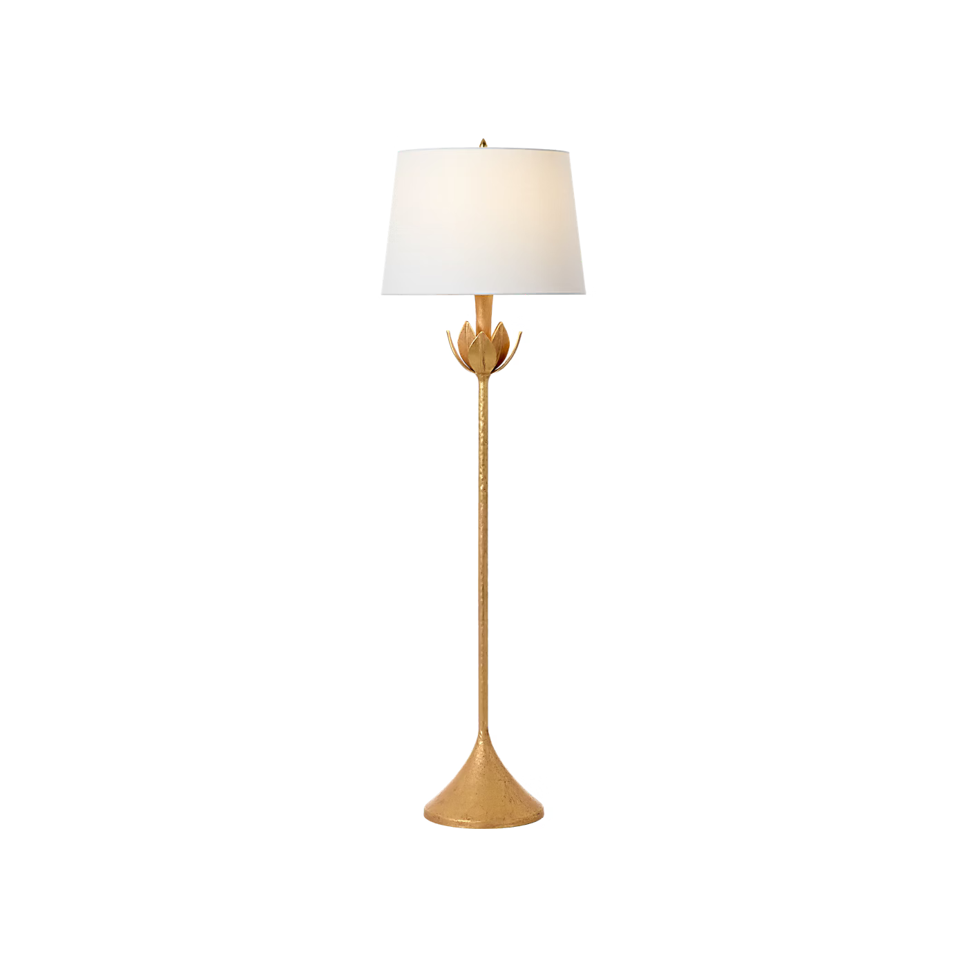 A modern floor lamp with a tapered white drum shade, a textured gold stem resembling a lotus flower, and a matching gold circular base, shown against a plain white background.