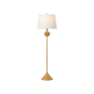A modern floor lamp with a tapered white drum shade, a textured gold stem resembling a lotus flower, and a matching gold circular base, shown against a plain white background.