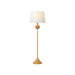 A modern floor lamp with a tapered white drum shade, a textured gold stem resembling a lotus flower, and a matching gold circular base, shown against a plain white background.
