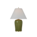 Green table lamp with a white shade on a white background