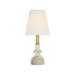A modern table lamp with a white tapered fabric shade, a brushed gold metal stem, and a white onyx marble base with subtle gold veining, shown against a solid white background.