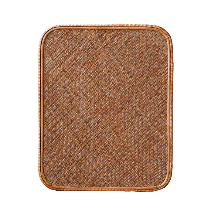Rectangular woven tabletop with a brown herringbone pattern on a white background