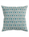 A square throw pillow featuring a repeating teal and green floral block-print pattern on a white fabric background, shown against a plain white studio backdrop.
