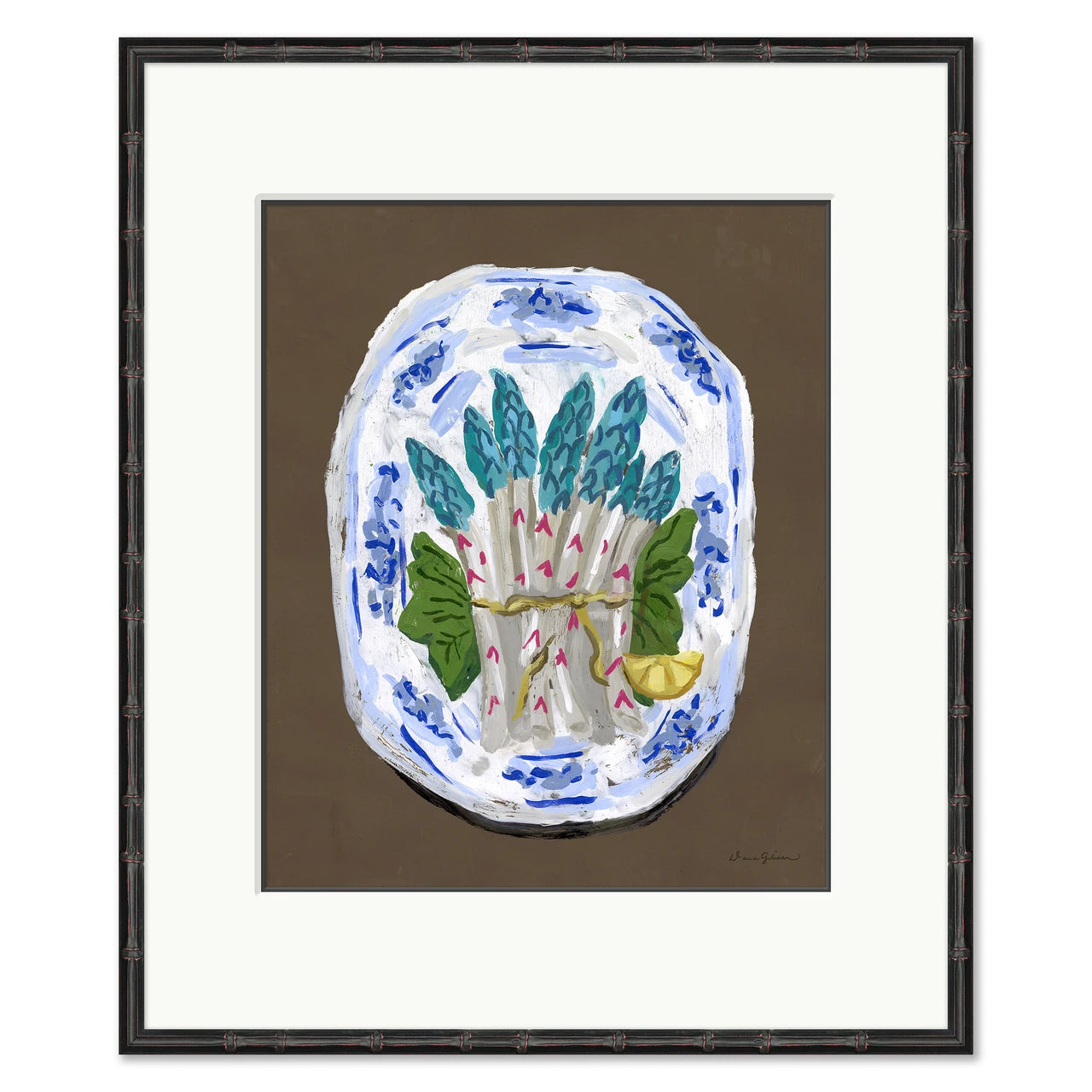 Framed artwork with a colorful asparagus design on a brown background