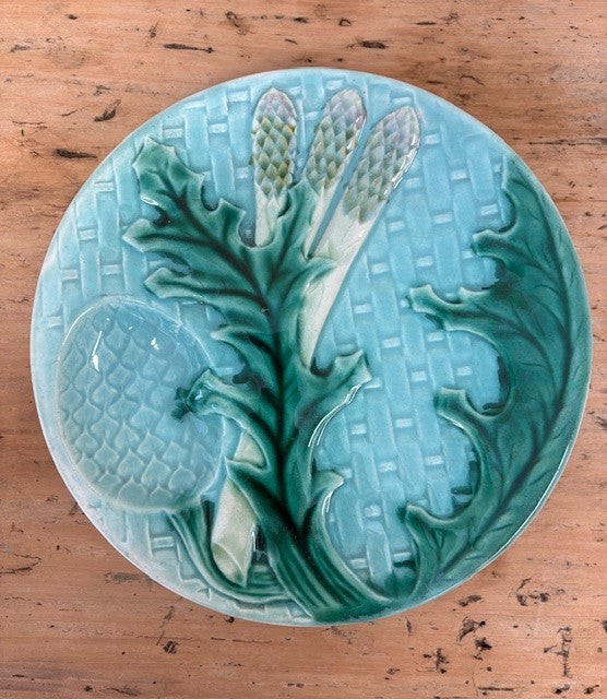 19th C French Majolica Artichoke and Asparagus Plate