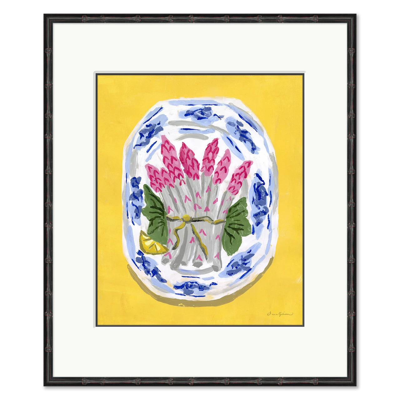 Framed artwork of a still life with pink asparagus and green leaves on a yellow background