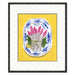 Framed artwork of a still life with pink asparagus and green leaves on a yellow background