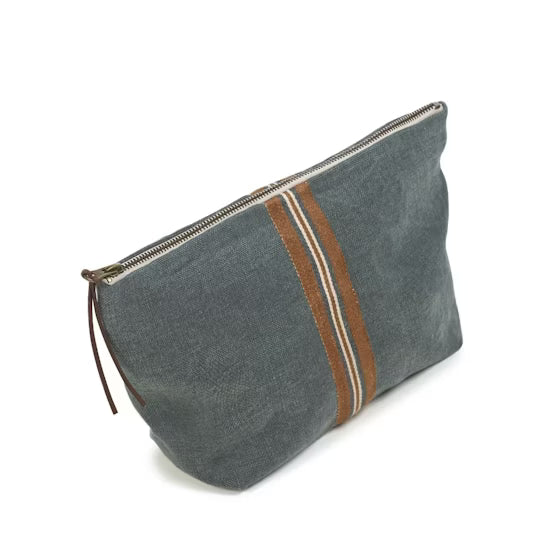 gray linen pouch with brown zipper and striped detail on a white background