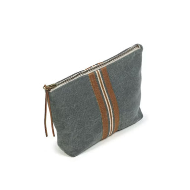 Gray zippered pouch with brown and beige stripes on a white background