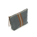 Gray zippered pouch with brown and beige stripes on a white background