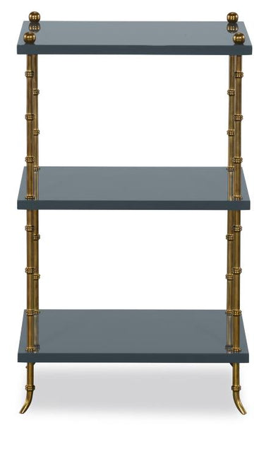 Three-tiered shelf with blue shelves and gold metal legs on a white background