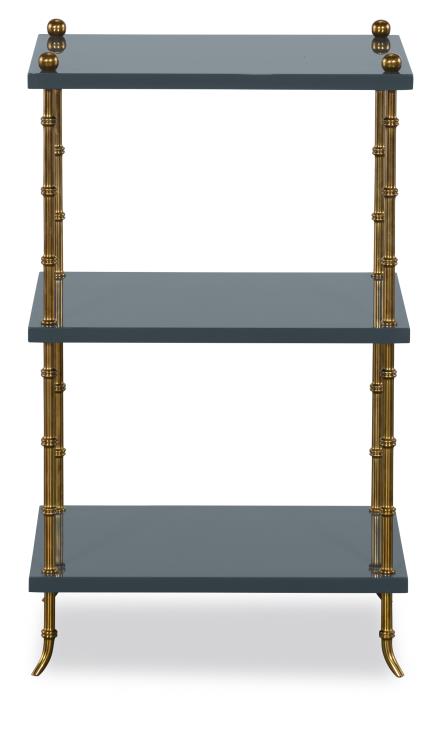 Three-tiered shelf with blue shelves and gold metal legs on a white background