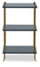 Three-tiered shelf with blue shelves and gold metal legs on a white background