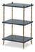Three-tiered shelf with brass accents on a white background
