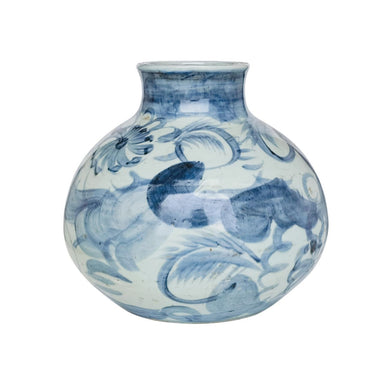 Blue and white ceramic vase with floral patterns on a white background