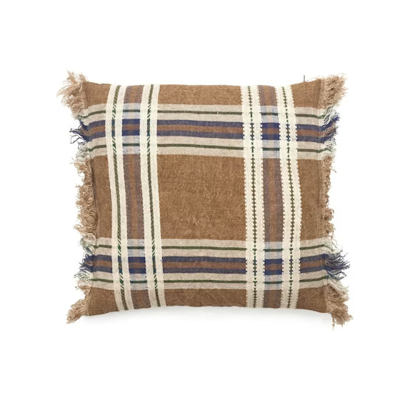 Plaid pillow with brown, blue, and beige colors on a white background