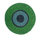 Round green woven mat with concentric color pattern on a white background