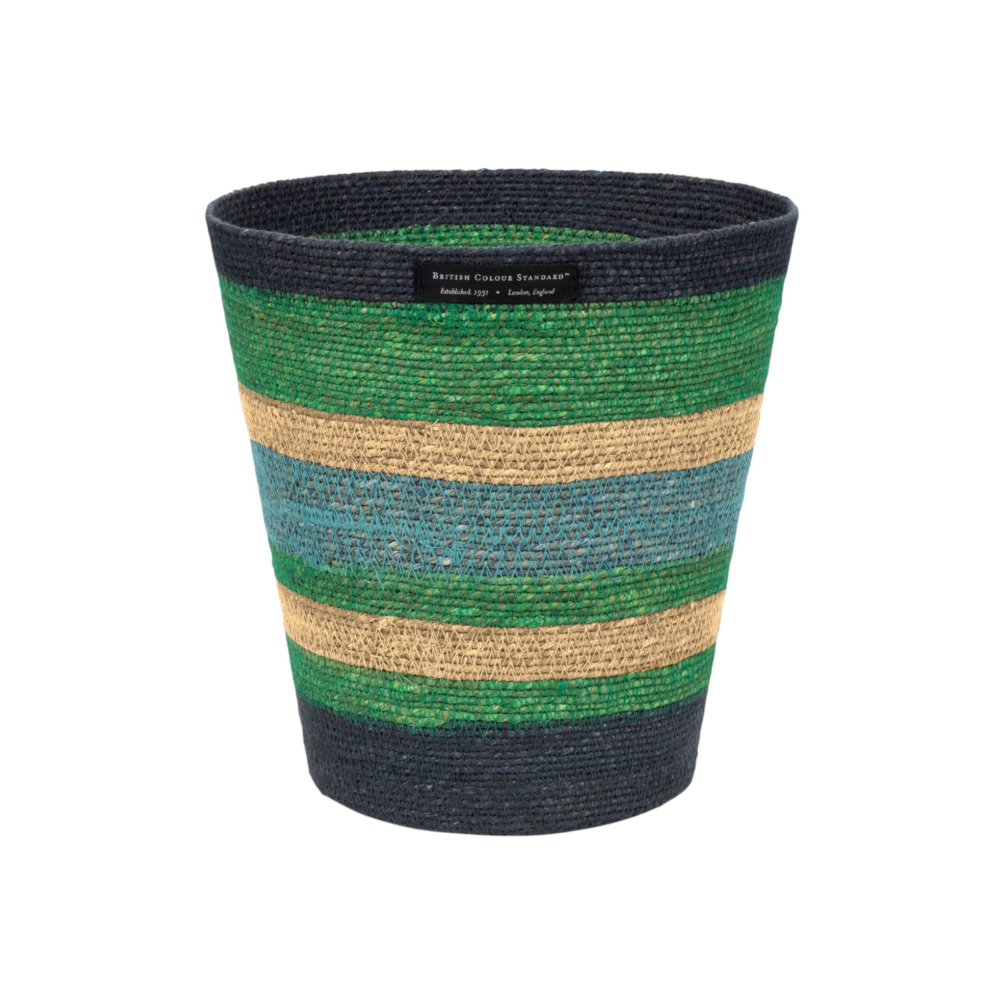 Striped woven basket with green, blue, and beige pattern on a white background