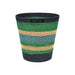 Striped woven basket with green, blue, and beige pattern on a white background