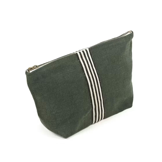 An olive green linen zippered pouch with three vertical white stripes on the front, photographed on a clean white background.