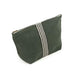 An olive green linen zippered pouch with three vertical white stripes on the front, photographed on a clean white background.