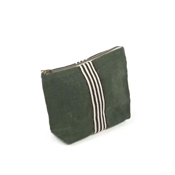 An olive green linen zippered pouch with three vertical white stripes on the front, shown on a plain white background.