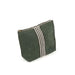 An olive green linen zippered pouch with three vertical white stripes on the front, shown on a plain white background.