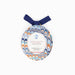 An oval-shaped fabric ornament picture frame with a blue, orange, and white wavy pattern, featuring a navy blue hanging ribbon and a white paper label in the center.